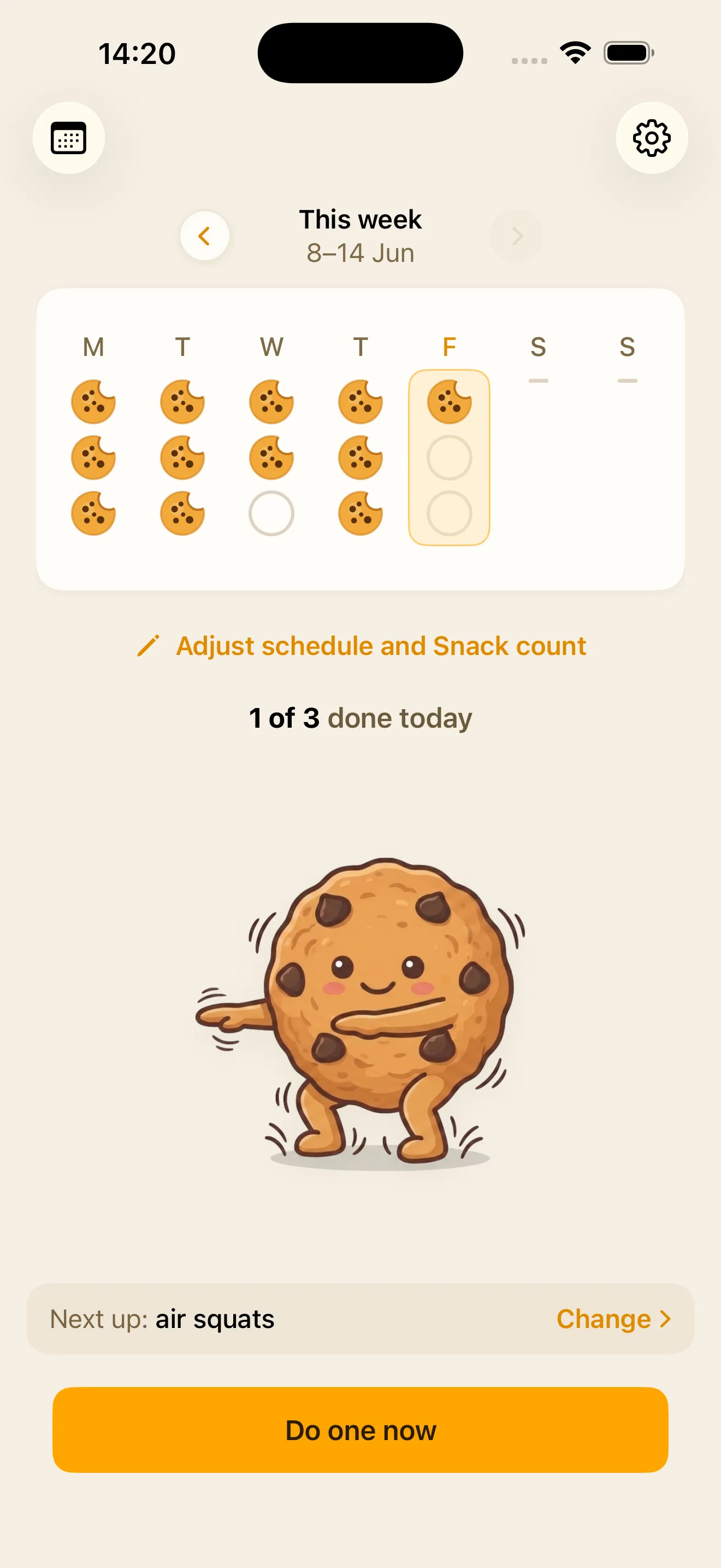 The Exercise Snacks home screen, showing this week's snacks, what is next, and a button to start one