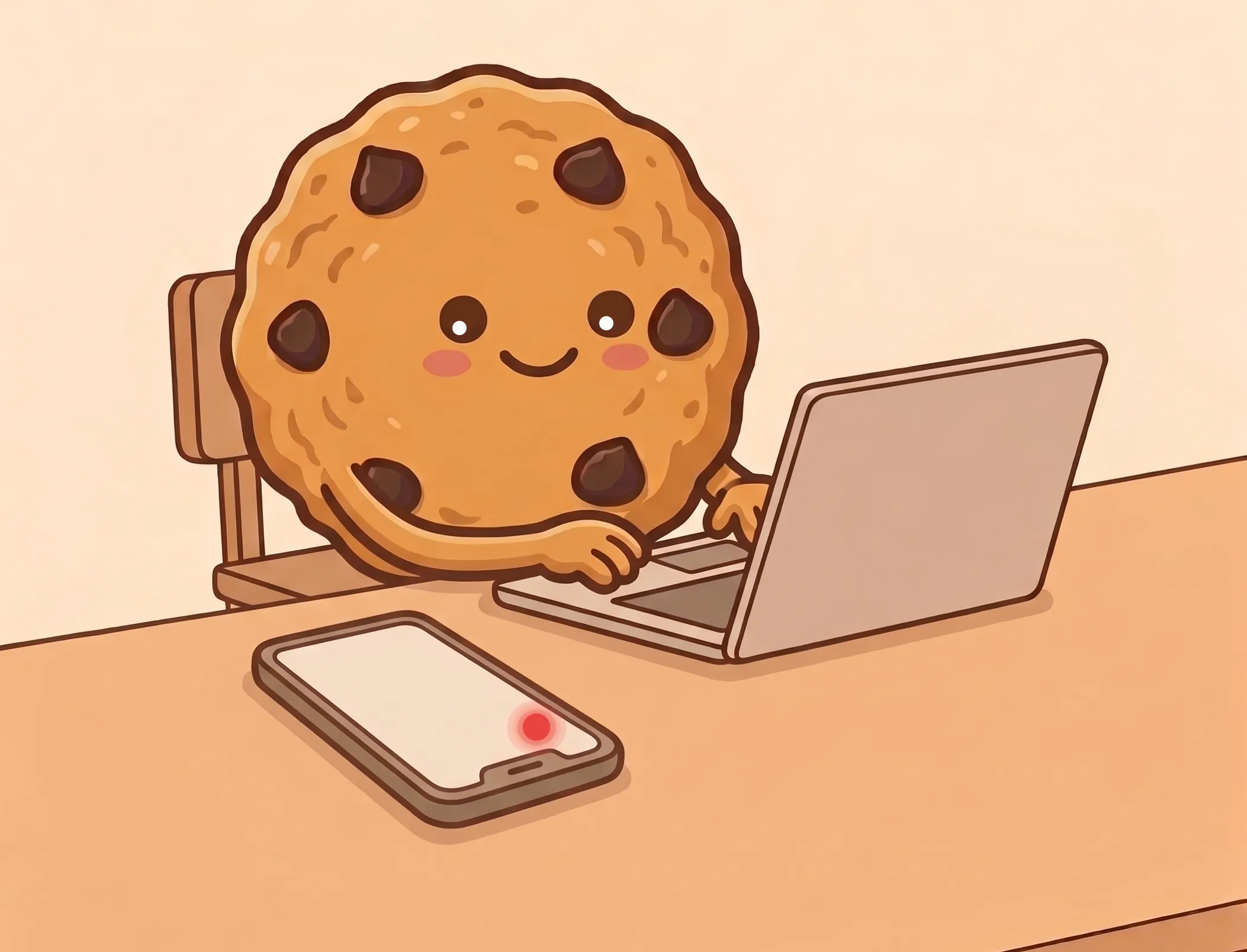 At the desk, working, as a notification arrives on the phone