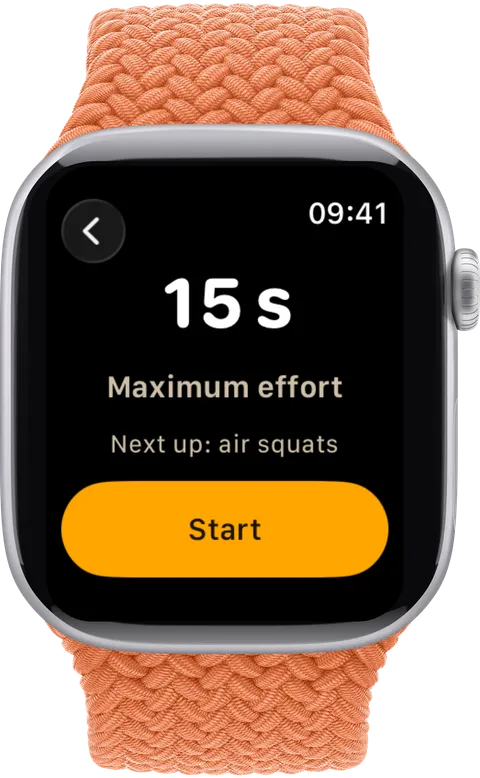 Apple Watch showing a 15 second air squats snack ready to start