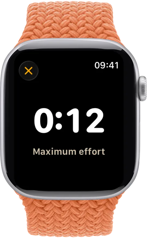Apple Watch counting down through a snack, 12 seconds left at maximum effort